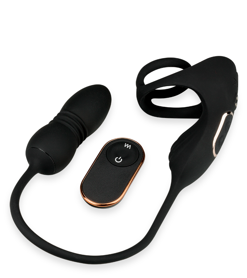 Wind vibrating and thrusting butt plug with cock ring and ball massager