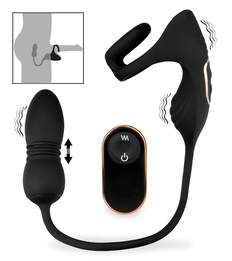 Wind vibrating and thrusting butt plug with cock ring and ball massager