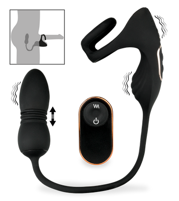 Wind vibrating and thrusting butt plug with cock ring and ball massager